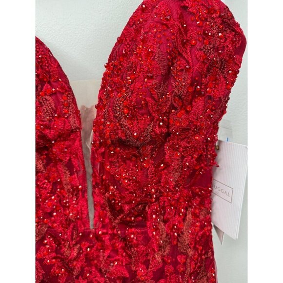 MAC DUGGAL 20330 Embroidered Floral Plunge Neck Illusion Red Evening Gown Size 2 - Picture 4 of 5